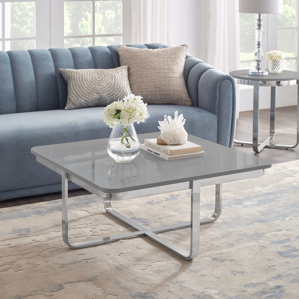 35" Light Gray And Silver Metallic Wood And Stainless Steel Square Coffee Table