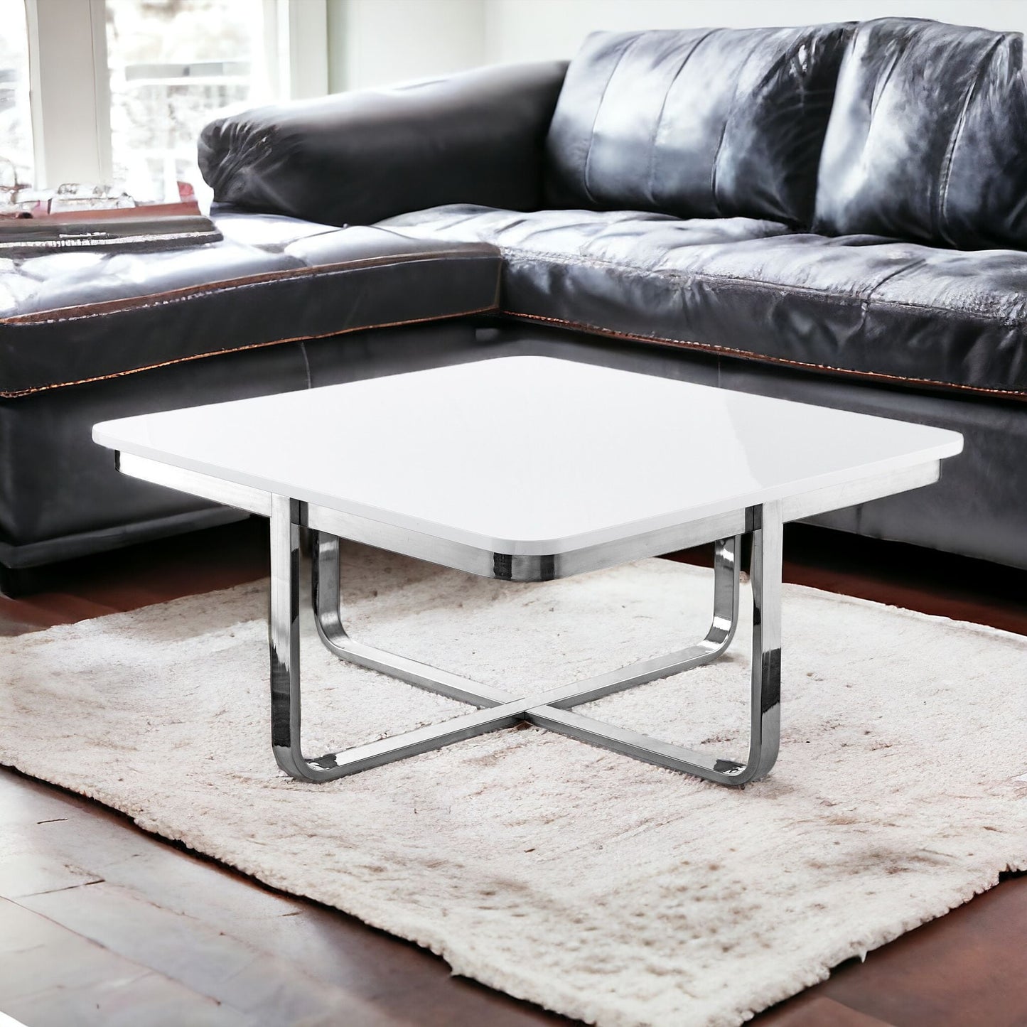 35" Light Gray And Silver Metallic Wood And Stainless Steel Square Coffee Table