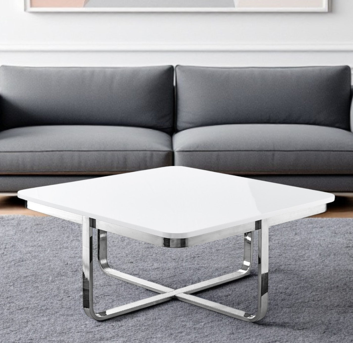 35" White And Silver Metallic Stainless Steel Square Coffee Table