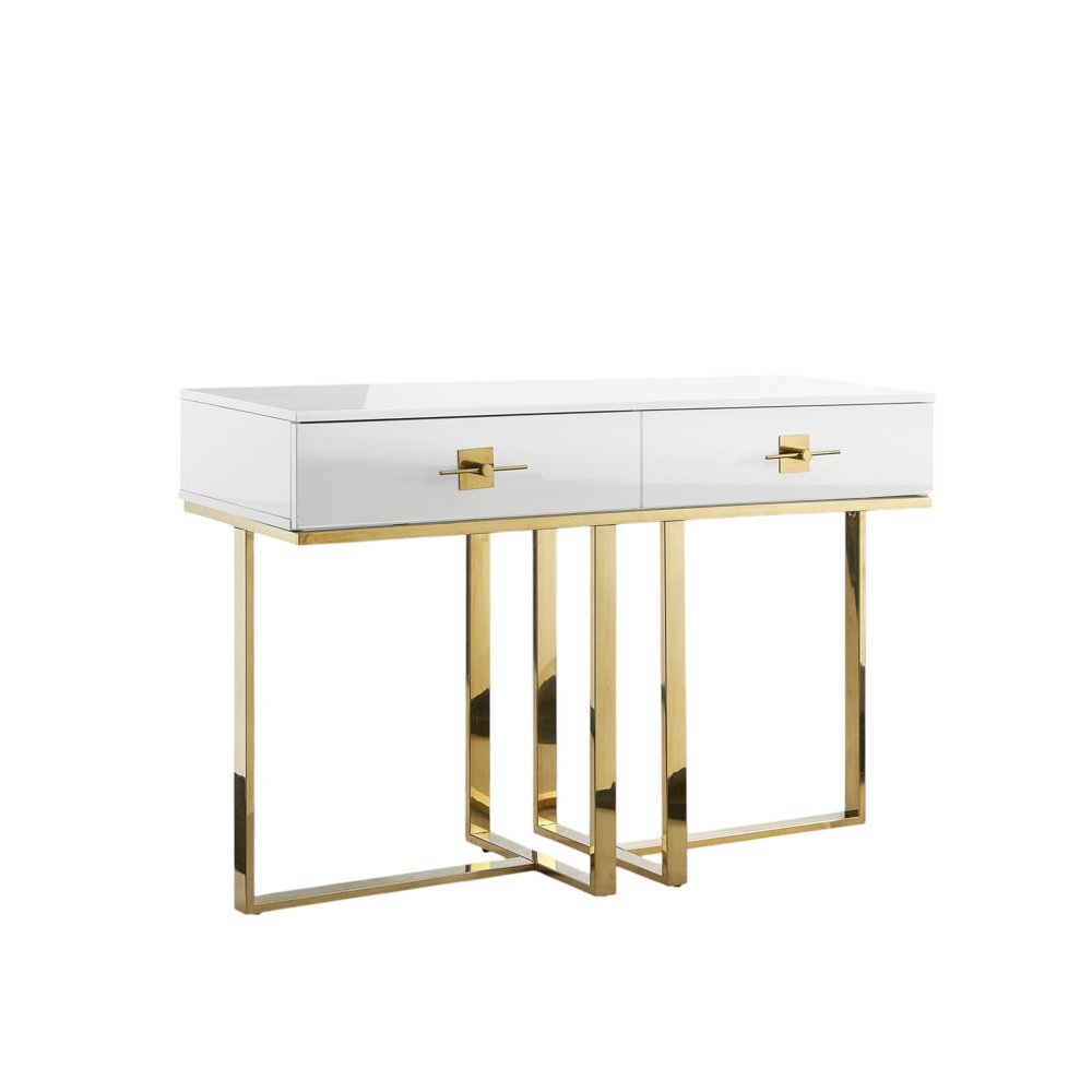 47" White Wood and Gold Stainless Steel Sled Console Table With Two Drawers — view 3