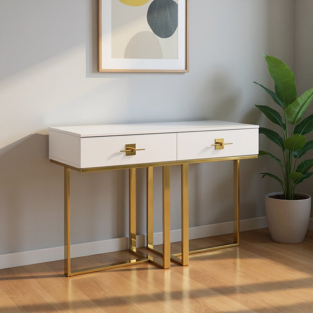 47" White Wood and Gold Stainless Steel Sled Console Table With Two Drawers HomeRoots