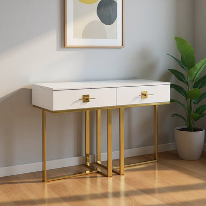 47" White Wood and Gold Stainless Steel Sled Console Table With Two Drawers HomeRoots
