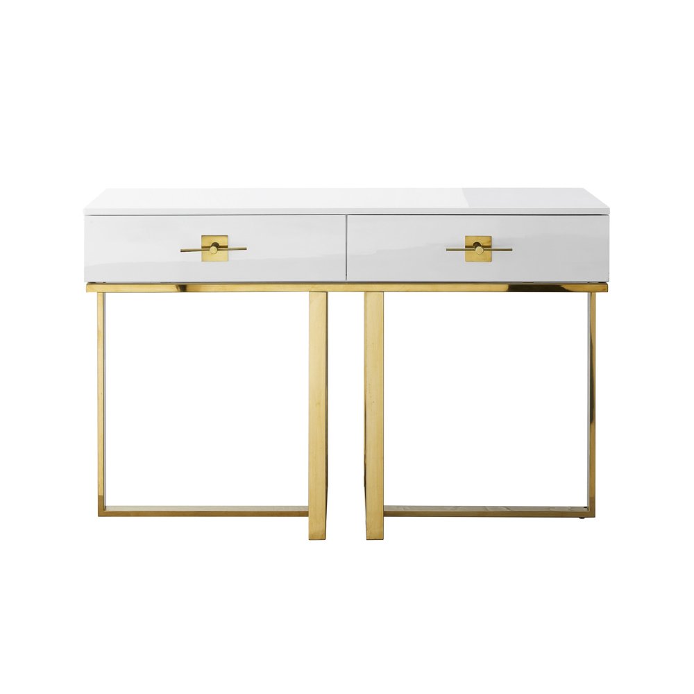 47" White Wood and Gold Stainless Steel Sled Console Table With Two Drawers — view 2