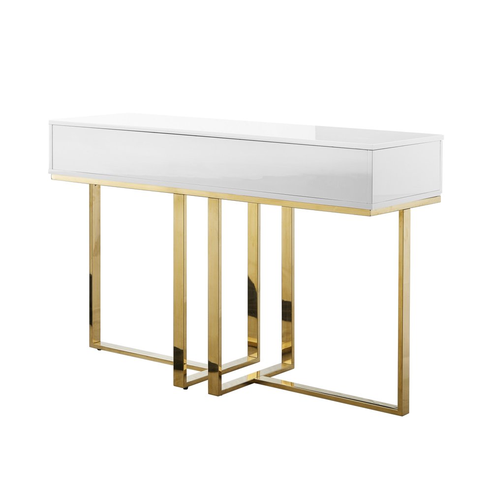 47" White Wood and Gold Stainless Steel Sled Console Table With Two Drawers — view 4