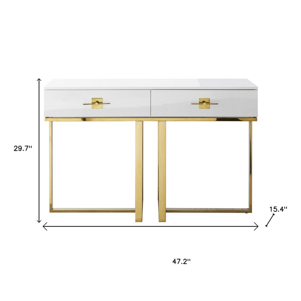 47" White Wood and Gold Stainless Steel Sled Console Table With Two Drawers — view 9