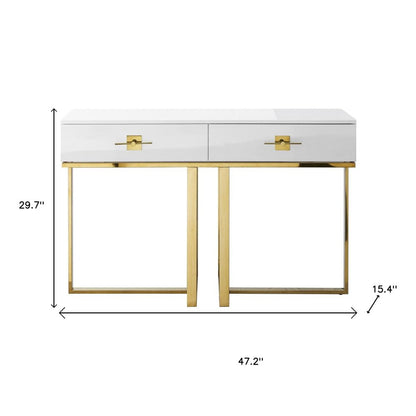 47" White Wood and Gold Stainless Steel Sled Console Table With Two Drawers HomeRoots