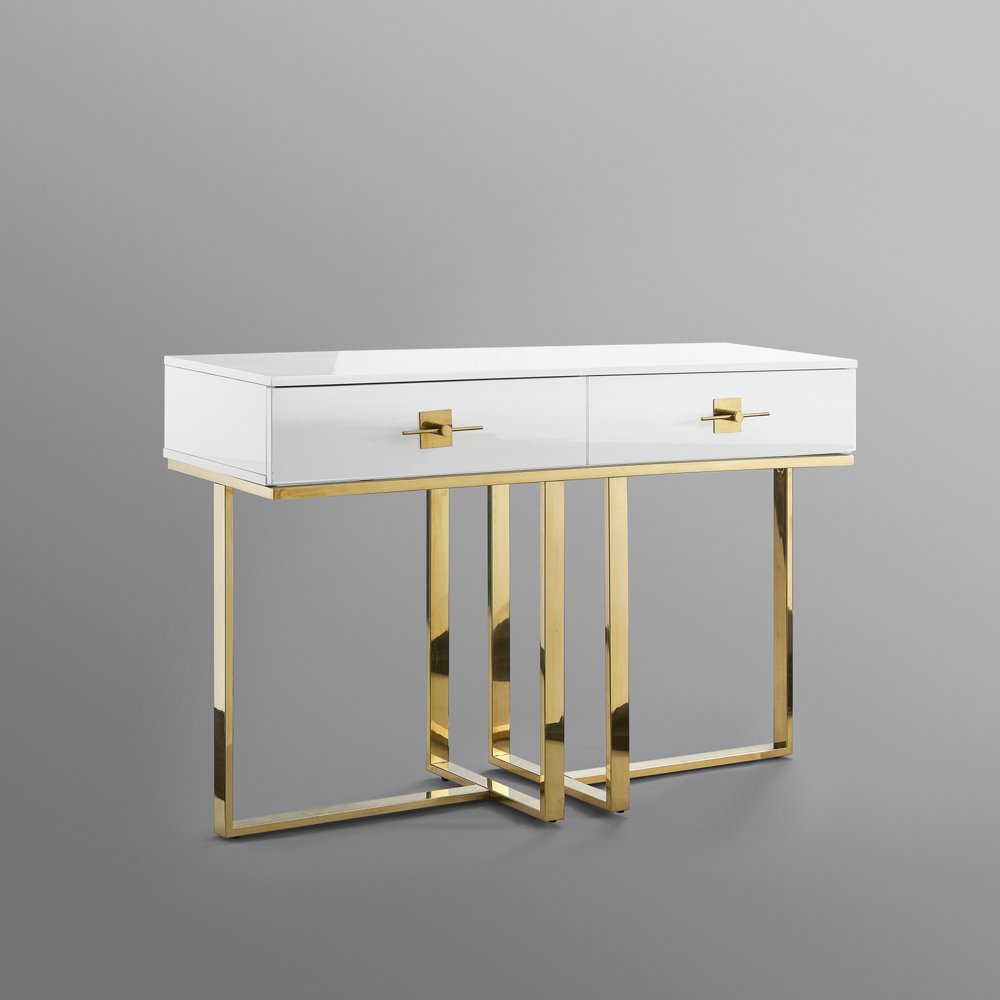 47" White Wood and Gold Stainless Steel Sled Console Table With Two Drawers HomeRoots