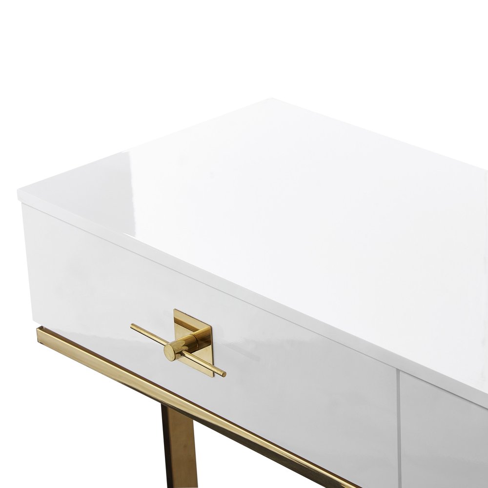 47" White Wood and Gold Stainless Steel Sled Console Table With Two Drawers HomeRoots