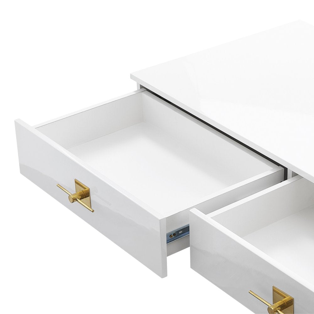 47" White Wood and Gold Stainless Steel Sled Console Table With Two Drawers — view 5