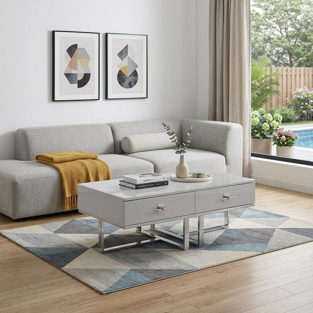 47" Light Gray And Silver Metallic Stainless Steel Coffee Table With Two Drawers — view 1