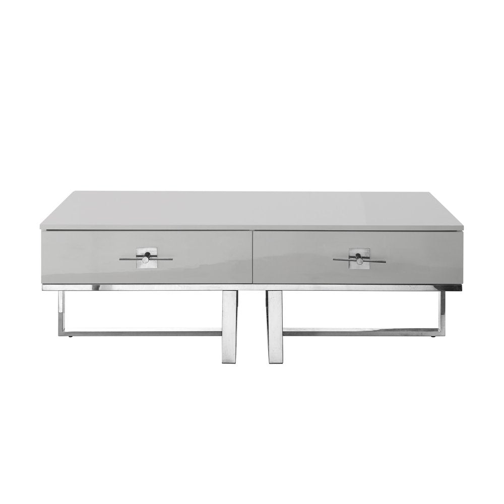 47" Light Gray And Silver Metallic Stainless Steel Coffee Table With Two Drawers HomeRoots