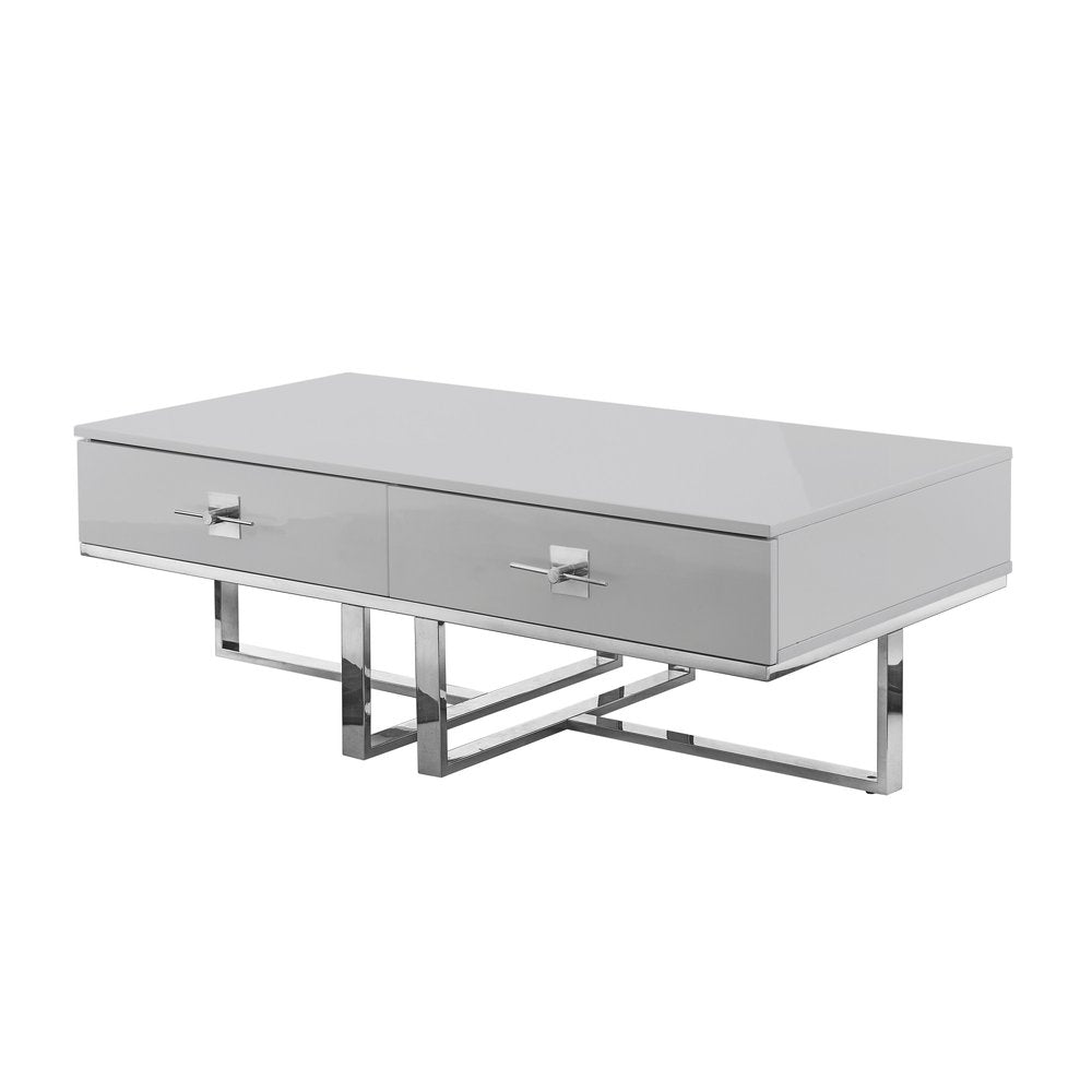 47" Light Gray And Silver Metallic Stainless Steel Coffee Table With Two Drawers — view 3