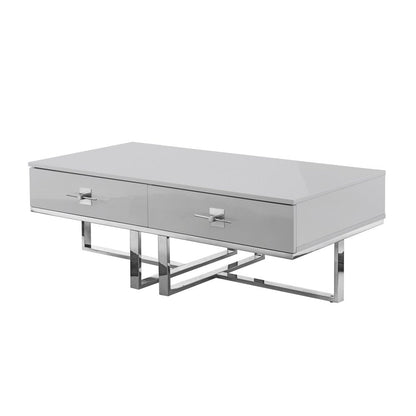 47" Light Gray And Silver Metallic Stainless Steel Coffee Table With Two Drawers HomeRoots