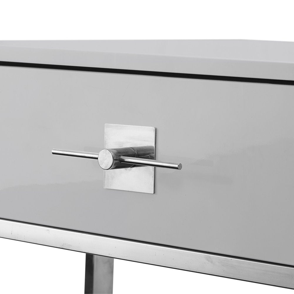 47" Light Gray And Silver Metallic Stainless Steel Coffee Table With Two Drawers