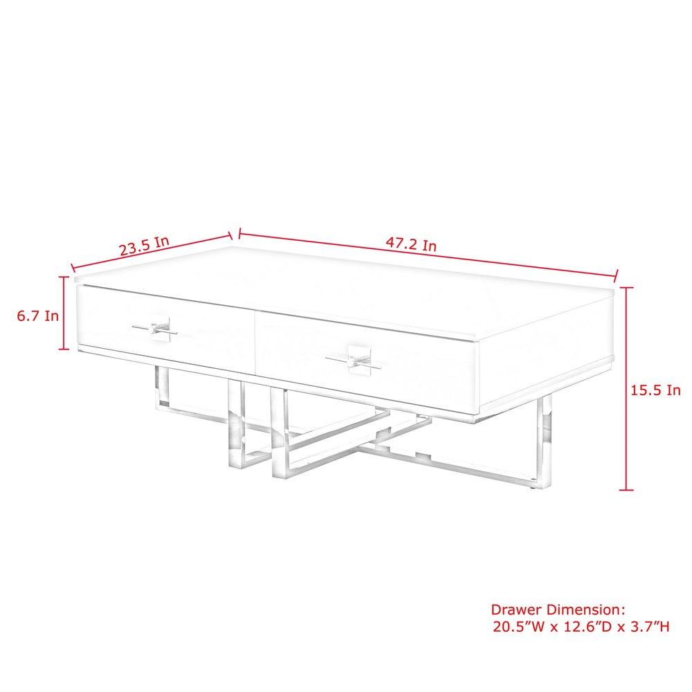 47" Light Gray And Silver Metallic Stainless Steel Coffee Table With Two Drawers — view 10