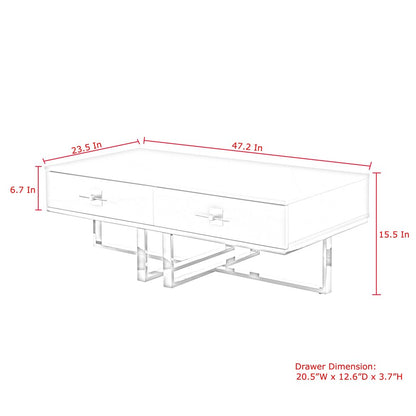 47" Light Gray And Silver Metallic Stainless Steel Coffee Table With Two Drawers HomeRoots