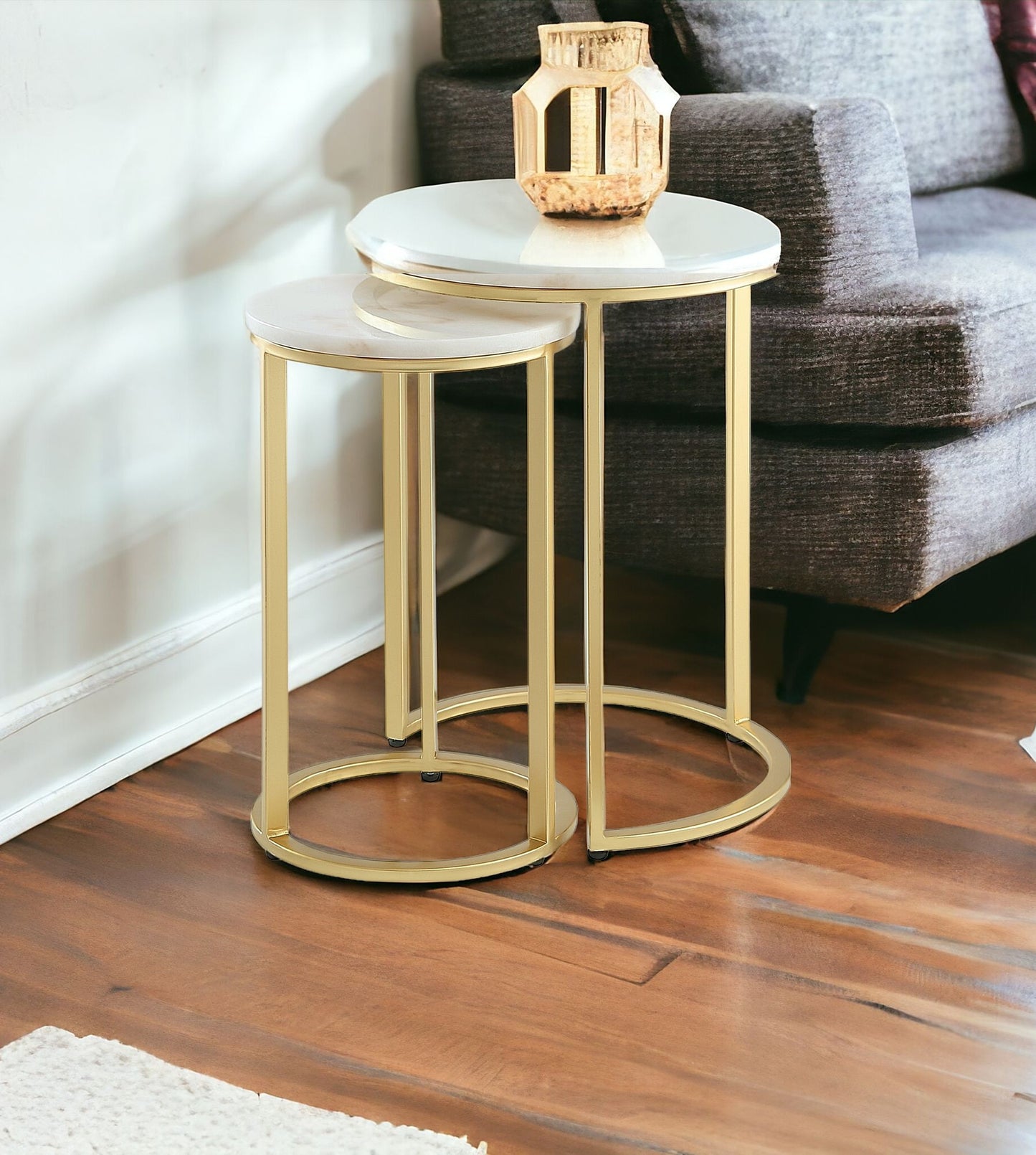 Set of Two 22" Gold and White Marble Round Nested Tables