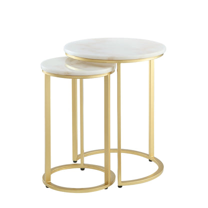 Set of Two 22" Gold and White Marble Round Nested Tables