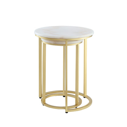 Set of Two 22" Gold and White Marble Round Nested Tables