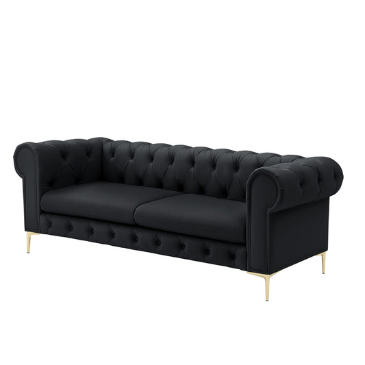 87" Black Faux Leather Chesterfield Sofa With Gold Legs