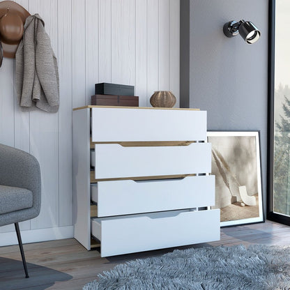 32" Natural And White Wood Four Drawer Dresser