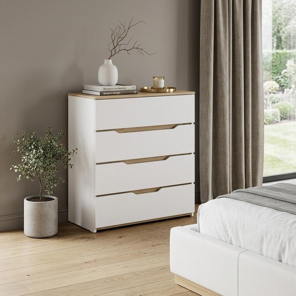 32" Natural And White Wood Four Drawer Dresser