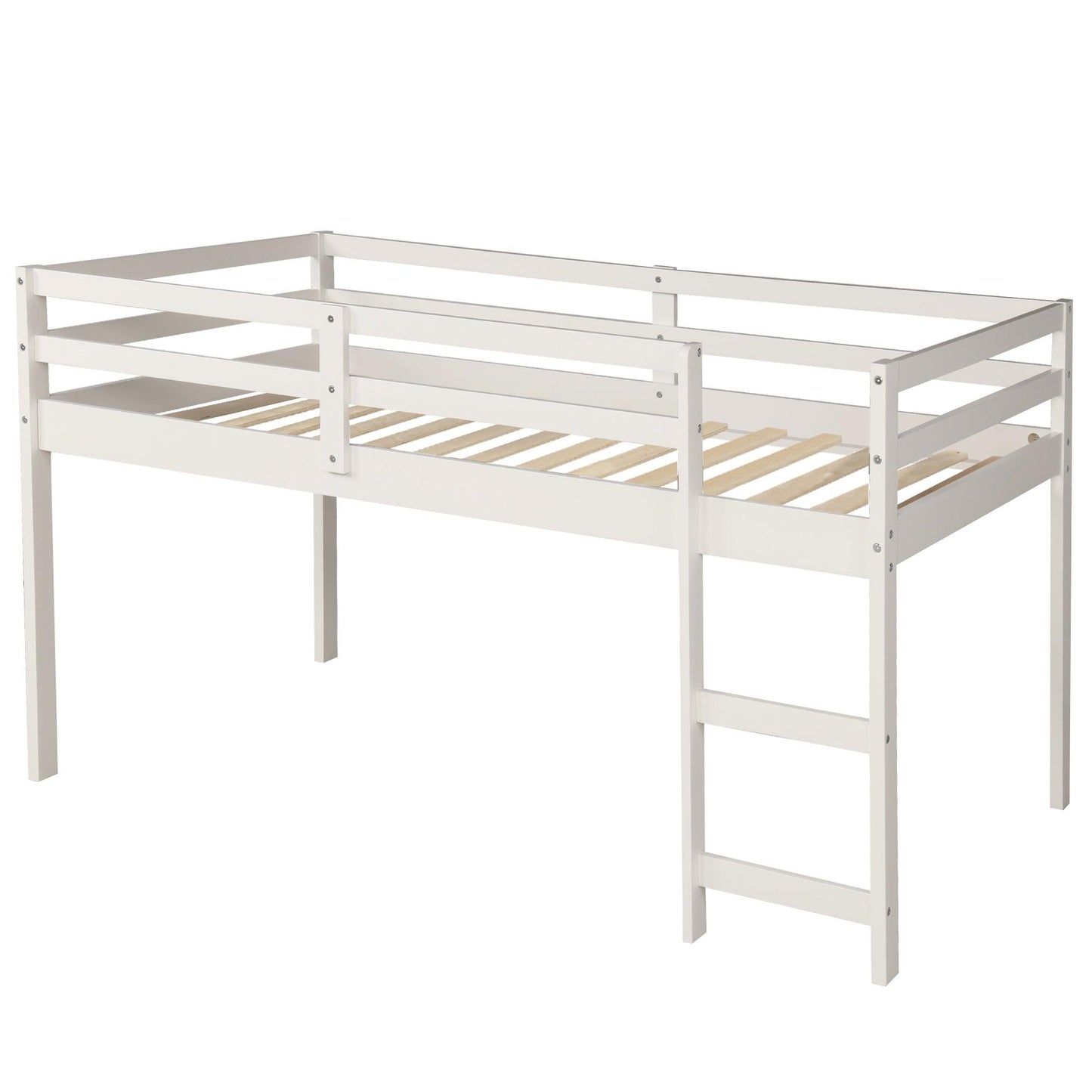 Low Study Twin Loft Bed with Cabinet and Rolling Portable Desk - White - FurniFindUSA