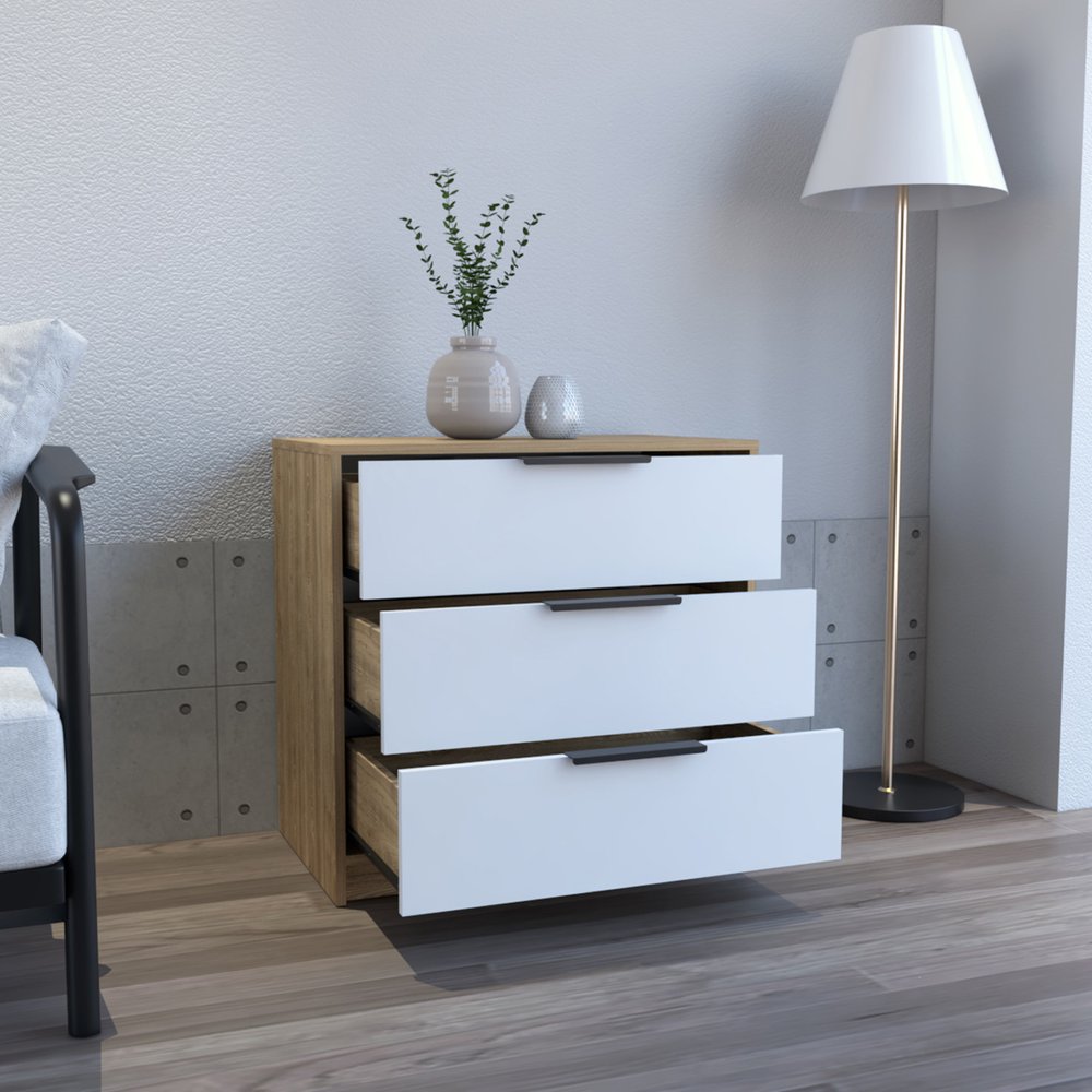 28" Natural And White Wood Three Drawer Dresser