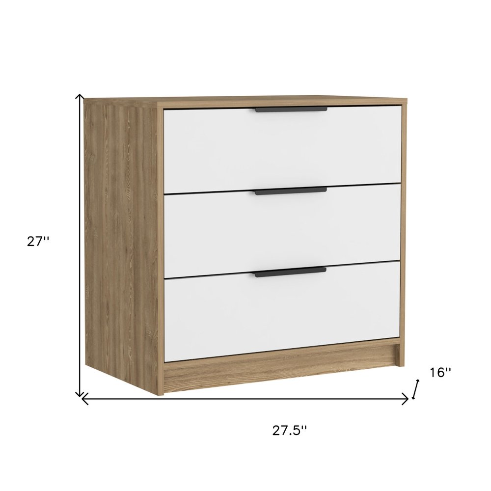 28" Natural And White Wood Three Drawer Dresser