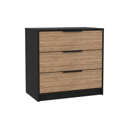 28" Black And Natural Wood Three Drawer Dresser