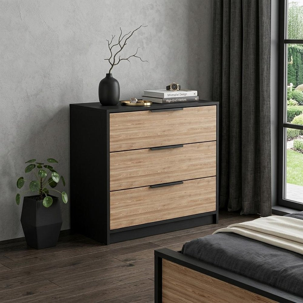 28" Black And Natural Wood Three Drawer Dresser — view 5