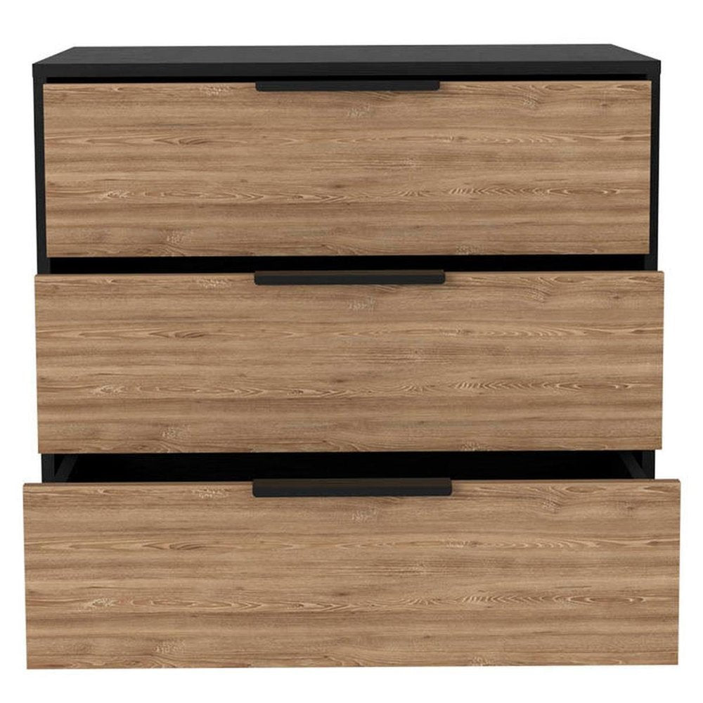 28" Black And Natural Wood Three Drawer Dresser