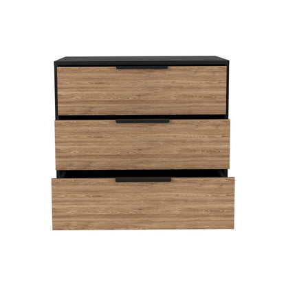 28" Black And Natural Wood Three Drawer Dresser