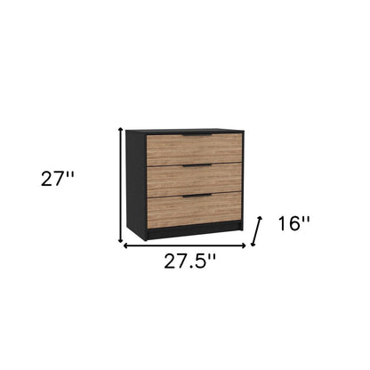 28" Black And Natural Wood Three Drawer Dresser