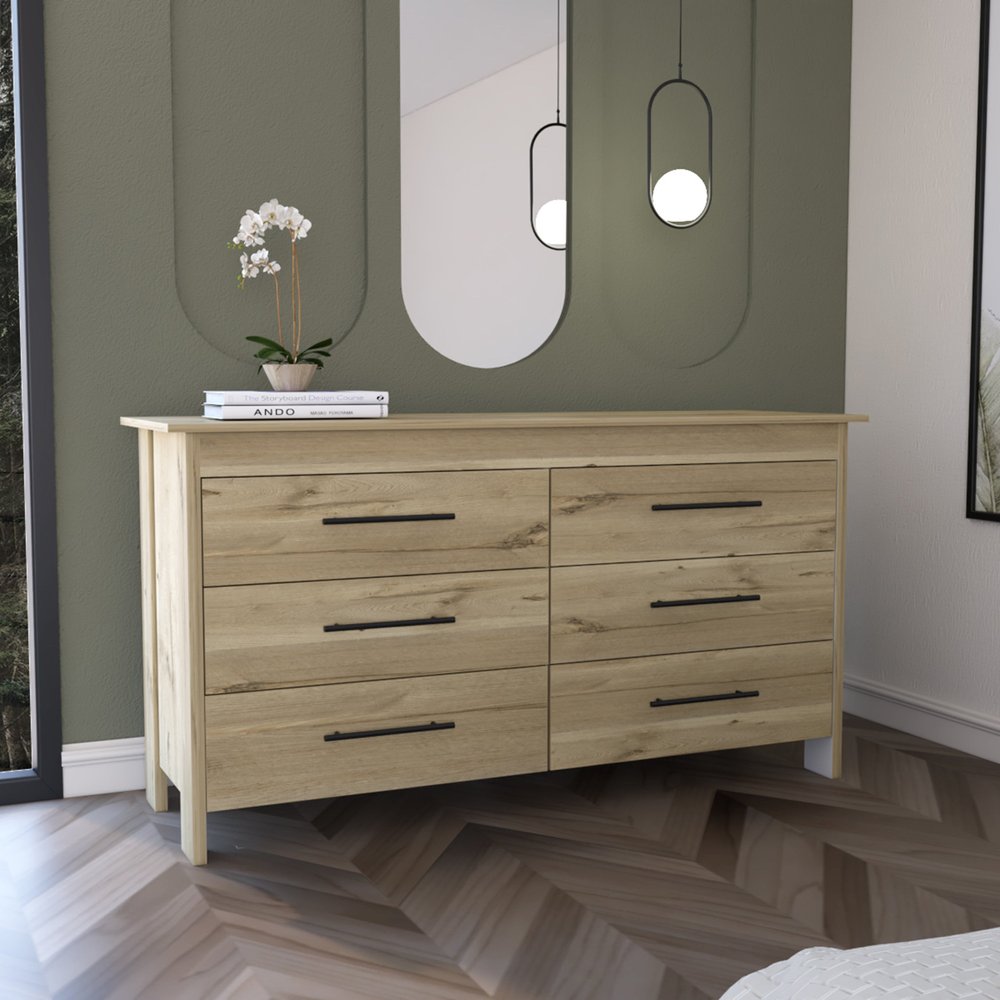 59" Natural Wood Six Drawer Double Dresser — view 1