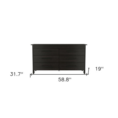 59" Black Wood Six Drawer Double Dresser