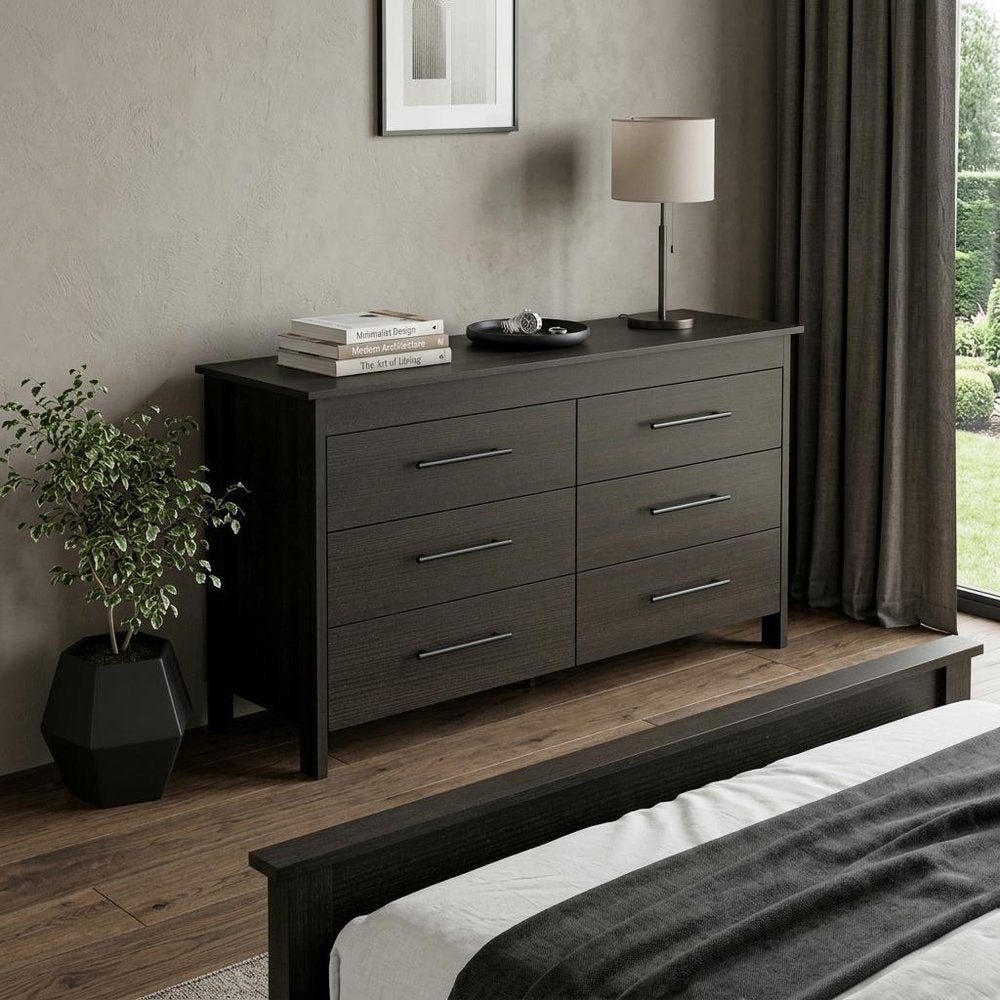 59" Black Wood Six Drawer Double Dresser — view 9