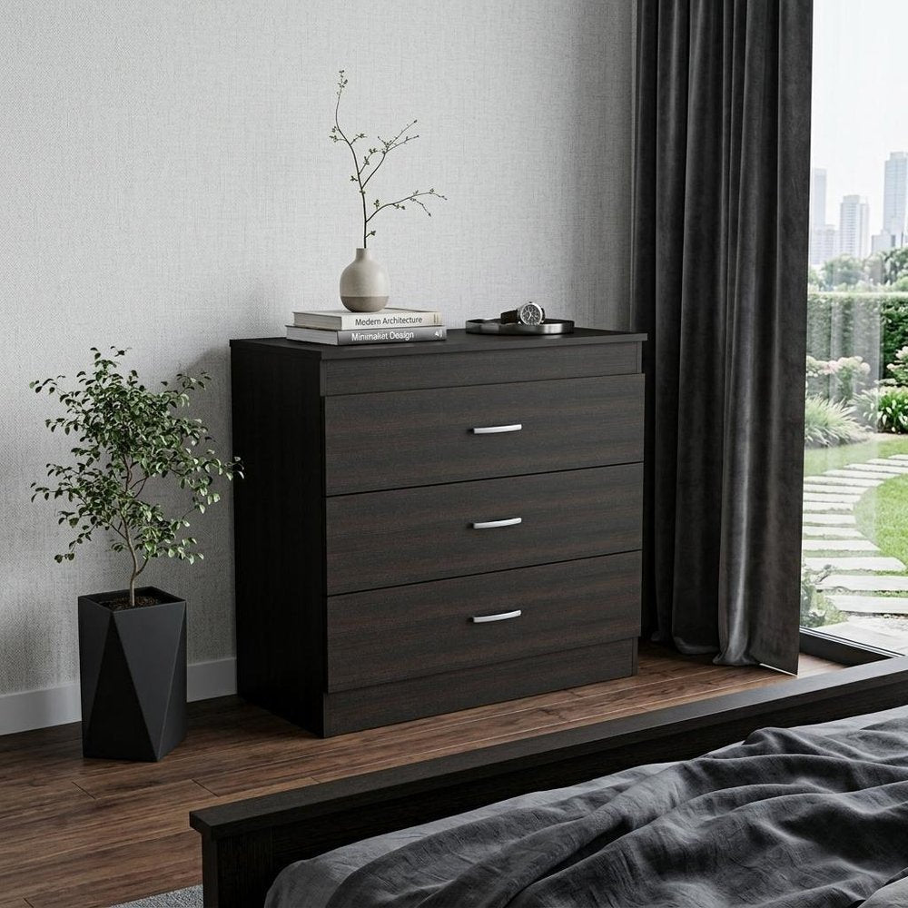 32" Black Wood Three Drawer Dresser — view 6