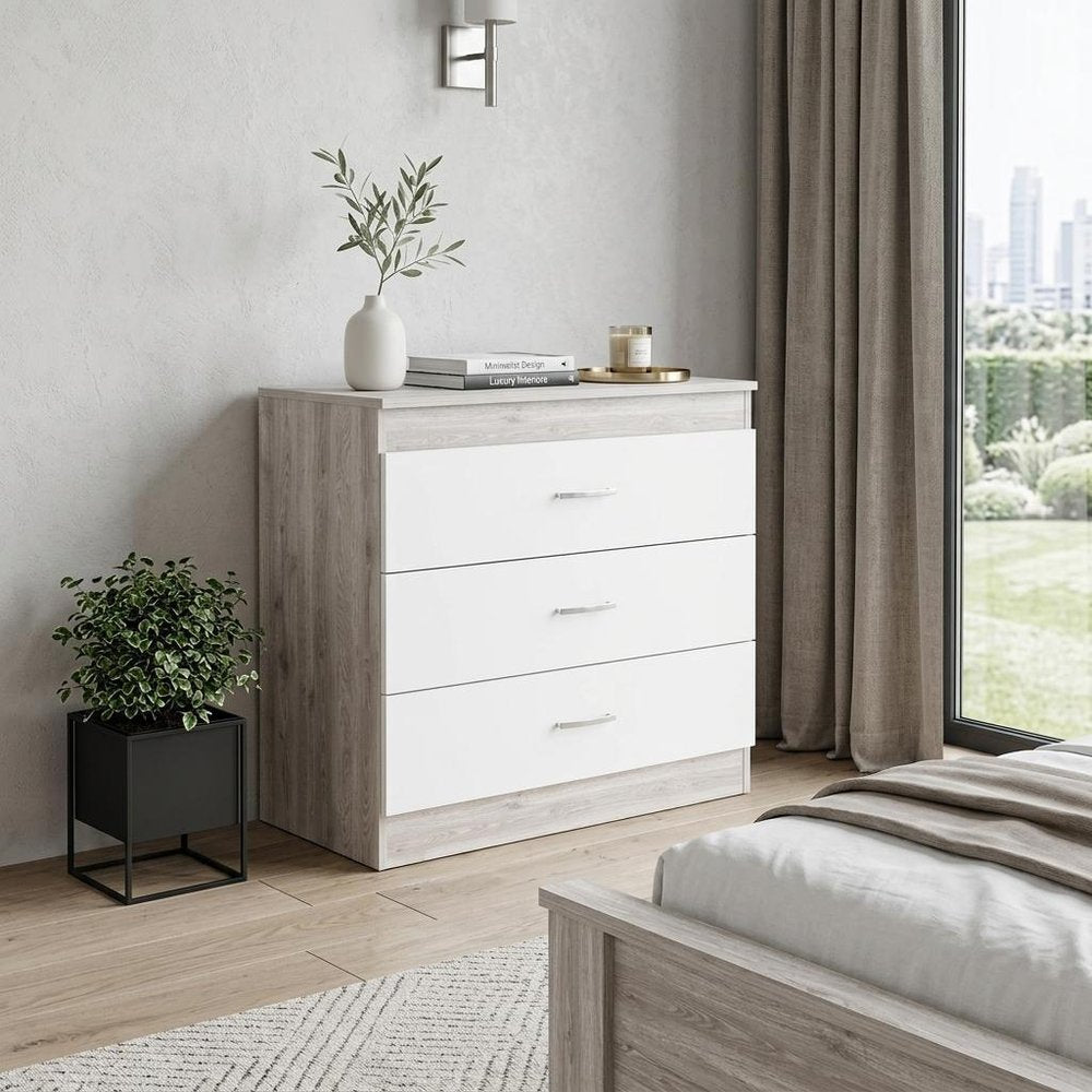 32" Gray And White Wood Three Drawer Dresser