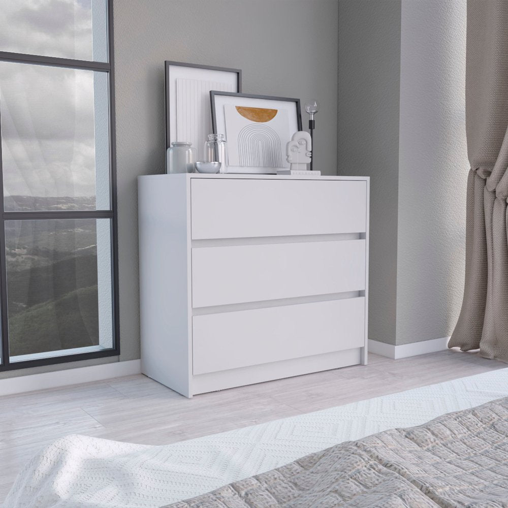 34" White Wood Three Drawer Dresser