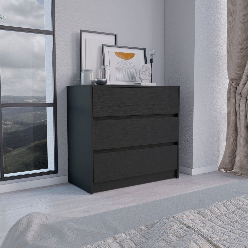 34" Black Wood Three Drawer Dresser — view 1