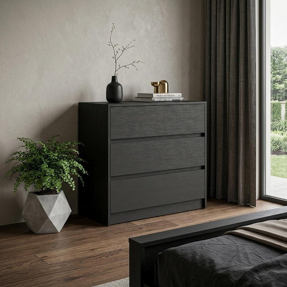 34" Black Wood Three Drawer Dresser — view 8