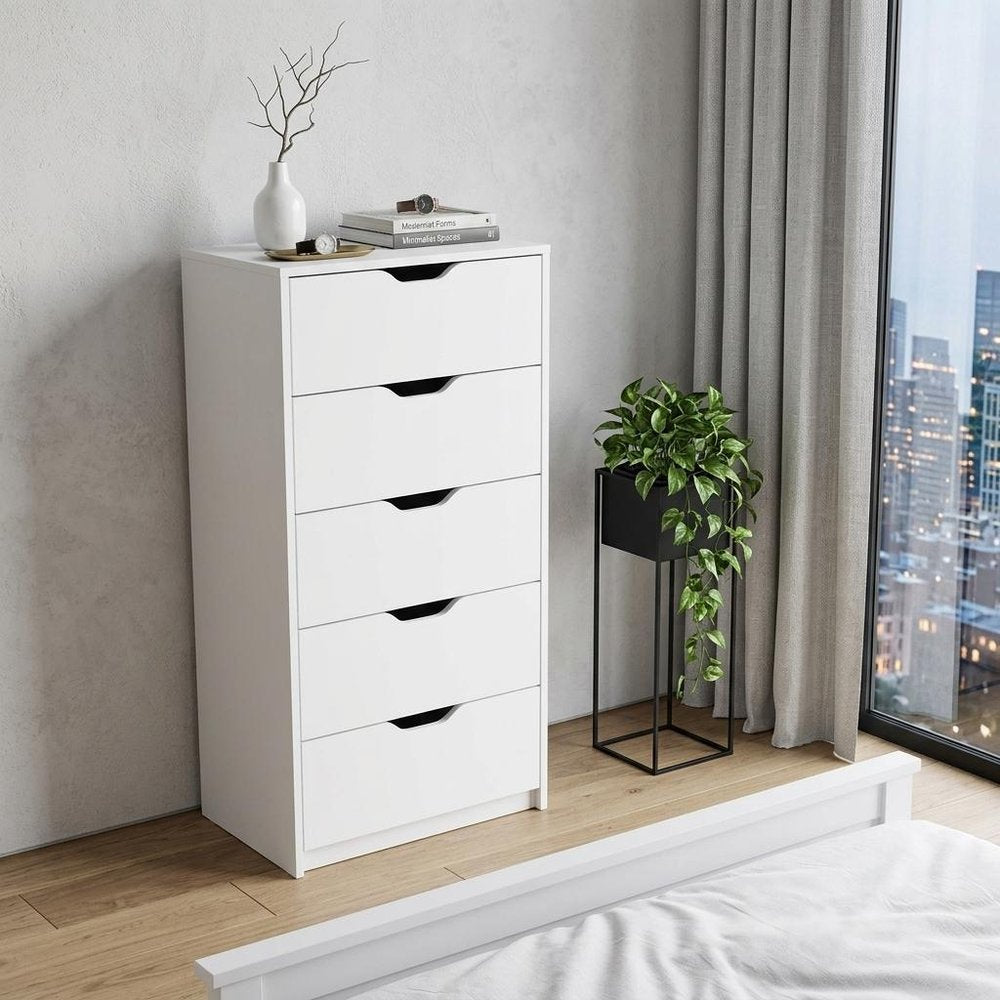 18" White Wood Five Drawer Dresser — view 3