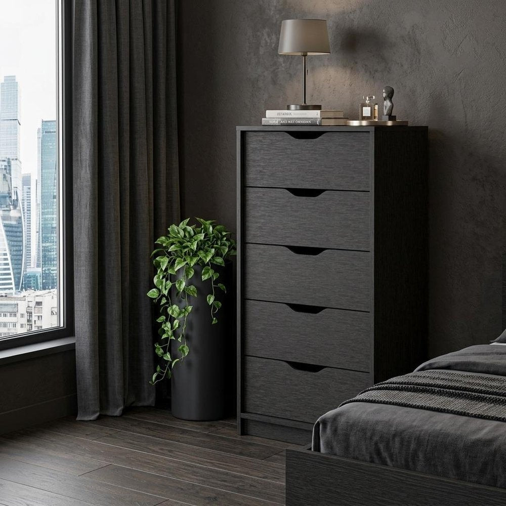 18" Black Wood Five Drawer Dresser — view 8