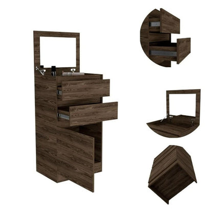 23" Walnut Wood Two Drawers Mirrored Jewelry Stand