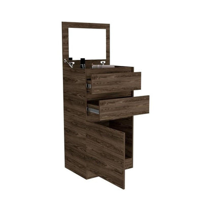 23" Walnut Wood Two Drawers Mirrored Jewelry Stand
