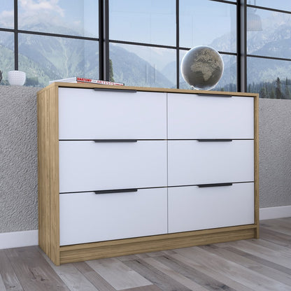 42" Natural And White Wood Six Drawer Double Dresser