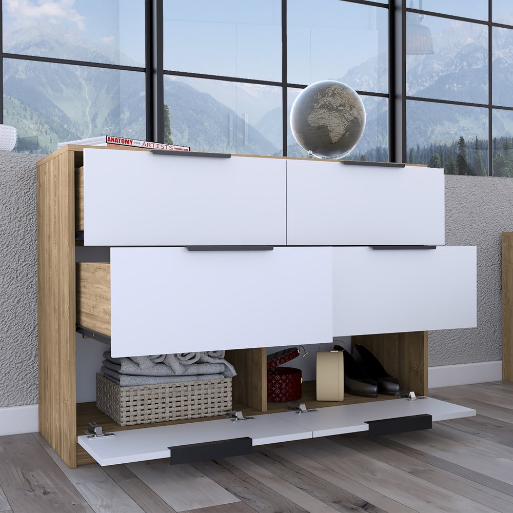 42" Natural And White Wood Six Drawer Double Dresser