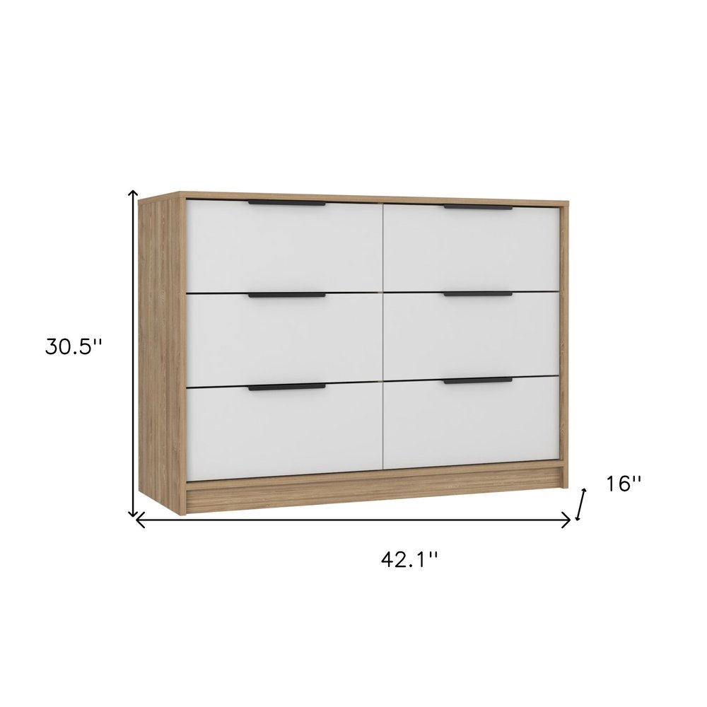 42" Natural And White Wood Six Drawer Double Dresser