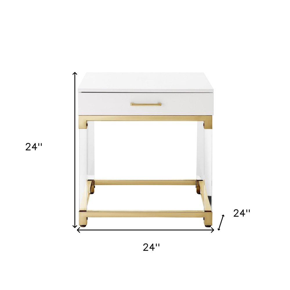 24" White and Gold Wood Acrylic and Stainless Steel Square End Table With Drawer — view 8